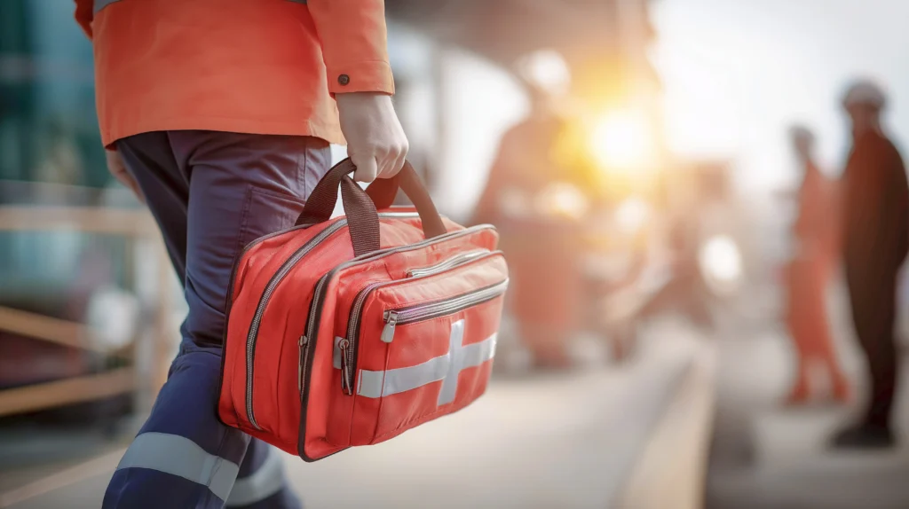 Rettungskraft trägt eine Erste-Hilfe-Tasche bei einem Einsatz.