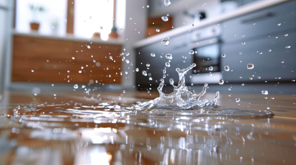 Wasserspritzer auf Küchenboden nach einem Wasserschaden.
