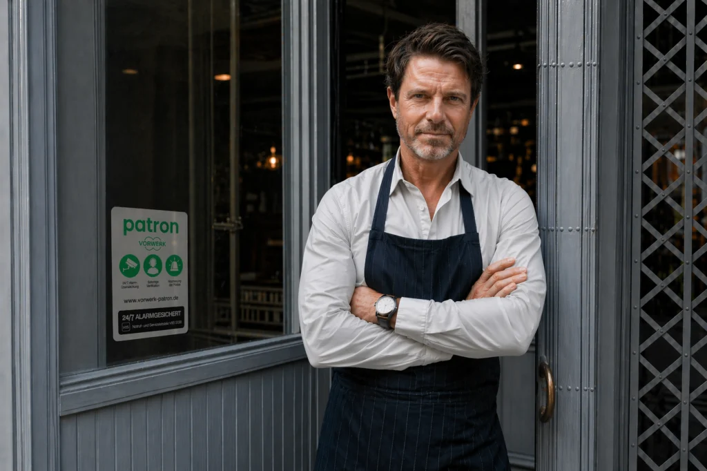 Geschäftsinhaber vor Restaurant mit Vorwerk Patron Sicherheitsaufkleber