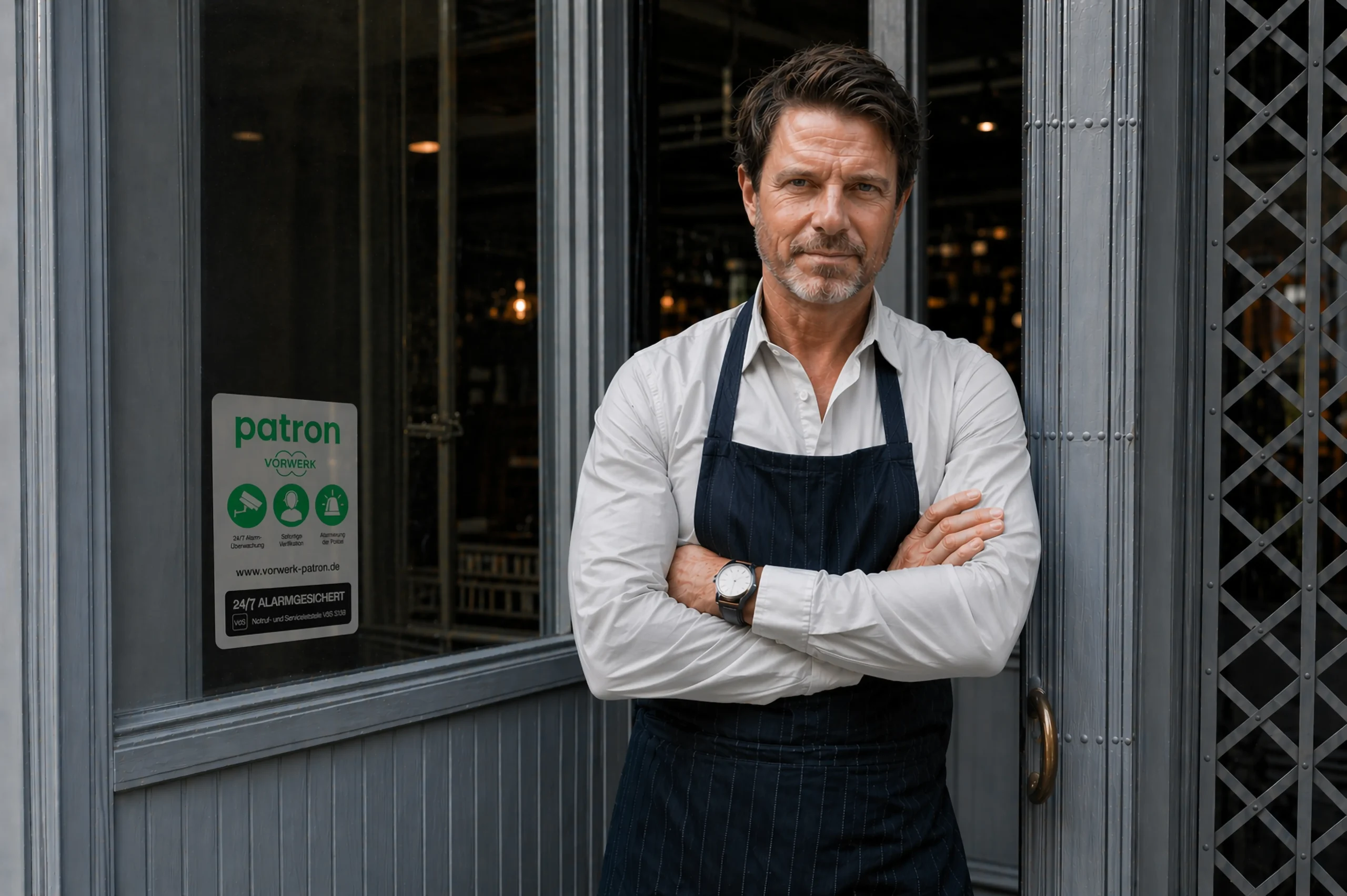 Geschäftsinhaber vor Restaurant mit Vorwerk Patron Sicherheitsaufkleber
